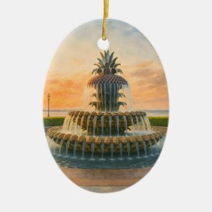 Charleston Pineapple Fountain Watercolor Sunset Ceramic Ornament