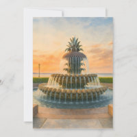 Charleston Pineapple Fountain Watercolor Sunset