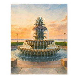 Charleston Pineapple Fountain Watercolor Sunset Photo Print