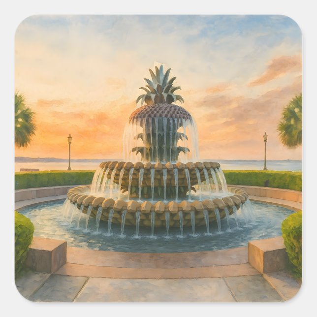 Charleston Pineapple Fountain Watercolor Sunset Square Sticker (Front)