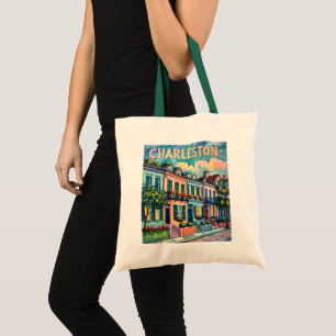 Charleston Rainbow Row SC Colorful Van Gogh Retro Tote Bag
