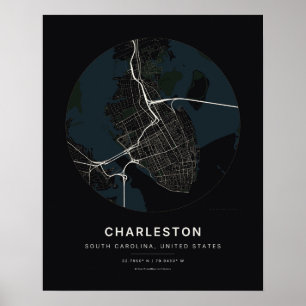 Charleston SC Black City Map Art Print