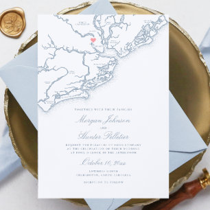 Charleston SC Map Elegant Dusty Blue Wedding Invitation