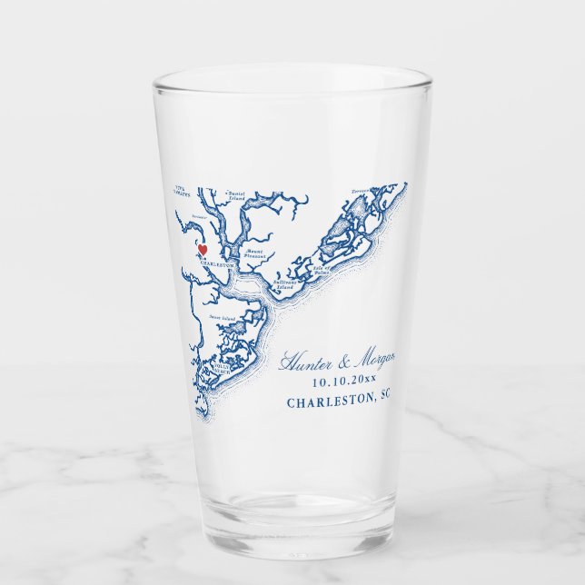 Charleston SC Map Elegant Navy Blue Wedding Favour Glass (Front)