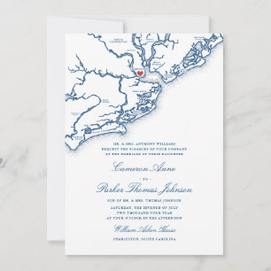Charleston SC Map Elegant Navy Blue Wedding Invitation
