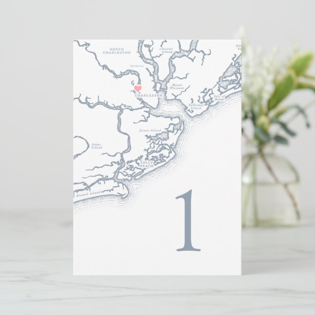 Charleston SC Map Wedding Table Number Cards (Standing Front)