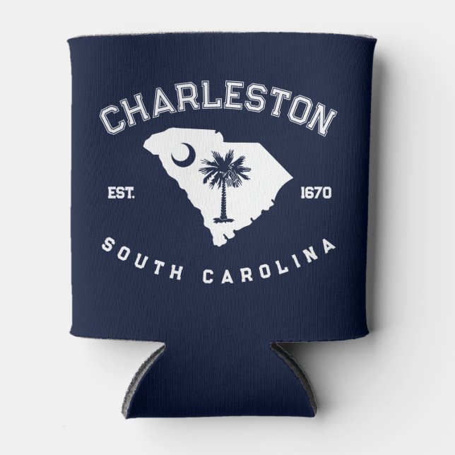 Charleston South Carolina Flag Map Navy Souvenirs Can Cooler (Front)