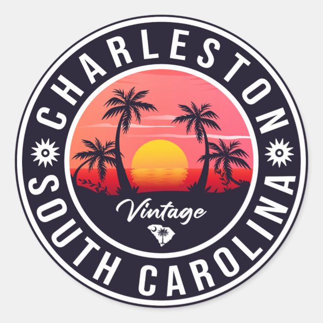 Charleston South Carolina - Retro Sunset Souvenirs Classic Round Sticker (Front)