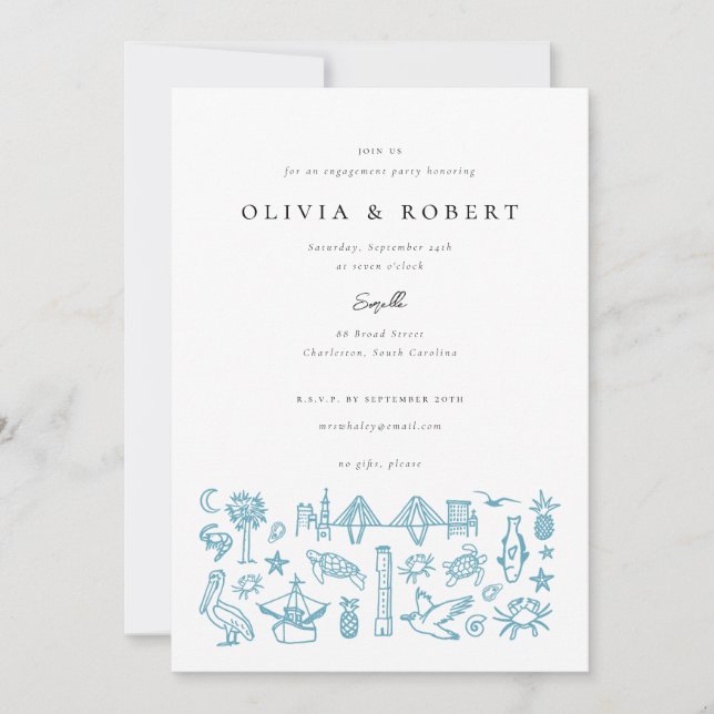 Charleston Toile Border in Blue Engagement Party  Invitation (Front)