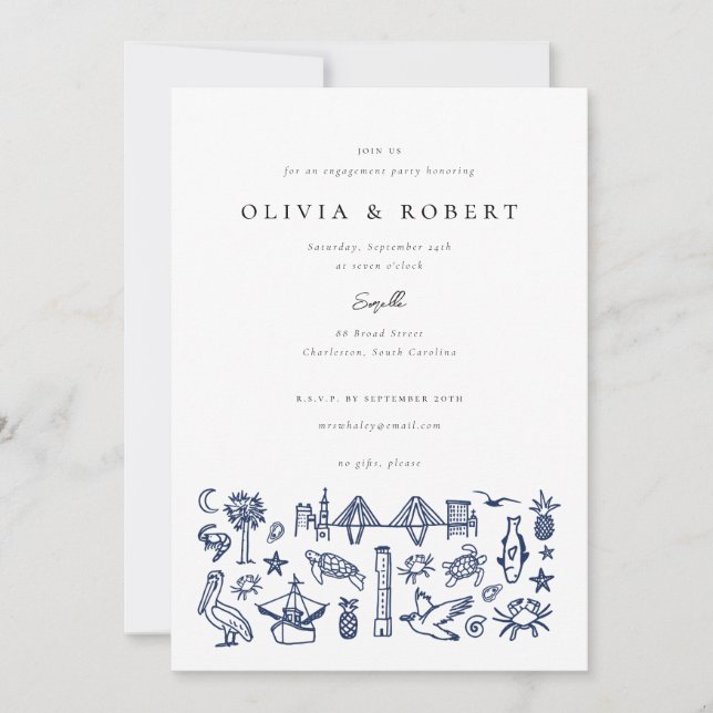 Charleston Toile Border in Navy Engagement Party  Invitation (Front)