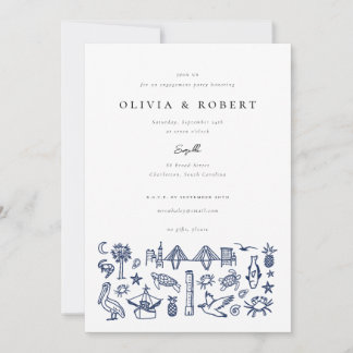 Charleston Toile Border in Navy Engagement Party  Invitation