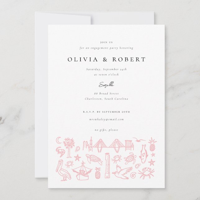 Charleston Toile Border in Pink Engagement Party  Invitation (Front)