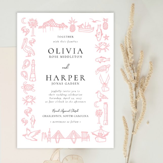 Charleston Toile Border in Pink Wedding Invitation (Rose Pink Charleston Toile wedding invitation by Erika Firm for Zazzle)