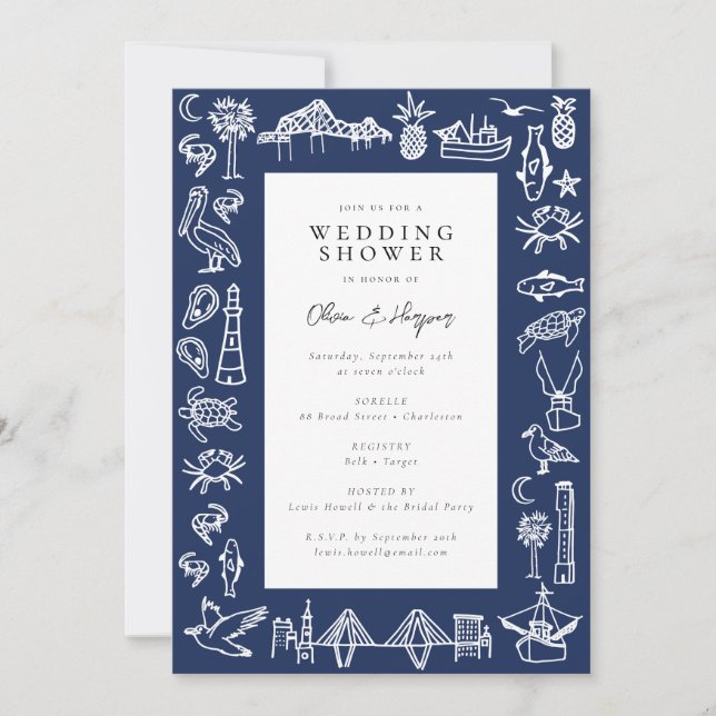 Charleston Toile Marine Blue Shower Invitation (Devant)