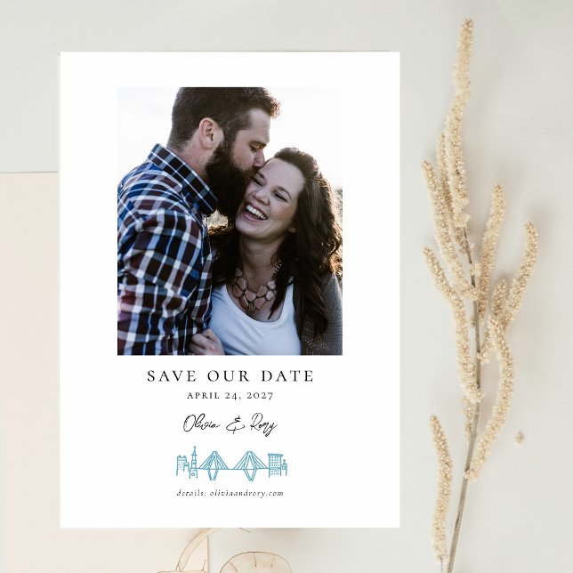 Charleston Toile Skyline in Blue Save the Date (Charleston, South Carolina Save the Date featuring a blue line drawing of the city skyline.)