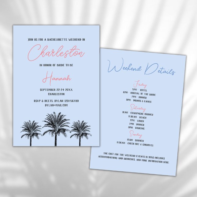 Charleston Tropical Palms Bachelorette Weekend Invitation (charleston bachelorette weekend invitation south carolina tropical palms sky blue beach bachelorette)