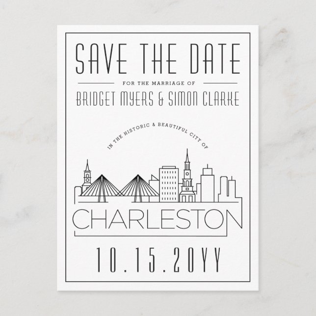 Charleston Wedding Stylized Skyline Save the Date Postcard (Front)