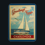 Charlevoix Sailboat Vintage Travel Michigan Magnet<br><div class="desc">This Greetings From Charlevoix Michigan vintage travel nautical design features a boat sailing on the water with seagulls and a blue sky filled with gorgeous puffy white clouds.</div>