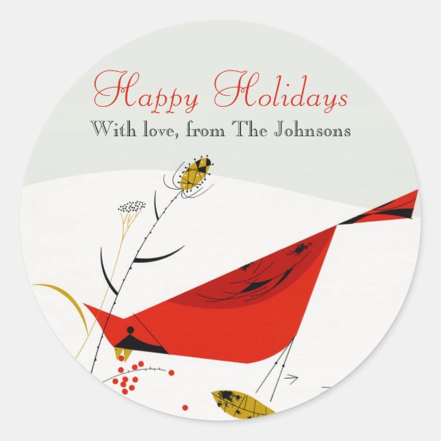 Charley Harper Cardinal Christmas Holiday Winter Classic Round Sticker (Front)
