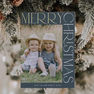 CHARLIE Blue Gold Foil Fun Photo Merry Christmas Holiday Card