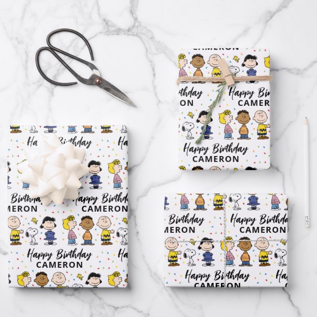 Charlie Brown and Gang Confetti Birthday Wrapping Paper Sheet (Front)