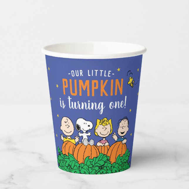 Charlie Brown and Gang Pumpkin 1st Birthday Paper Cups (Left)