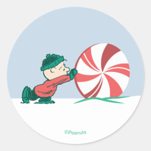Charlie Brown Rolling Into the Holiday Season Classic Round Sticker