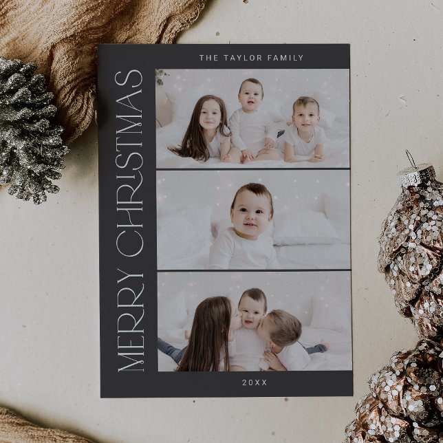 CHARLIE Grey Printable 3 Family Photo Christmas Holiday Card (CHARLIE Gray Printable 3 Family Photo Christmas Holiday Card)