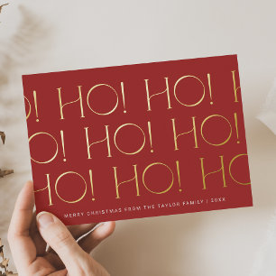 CHARLIE Red Gold Foil Ho Ho Ho Family Christmas Holiday Card