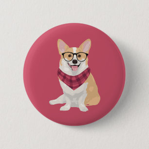 Charlie The Hipster Plaid Pembroke Welsh Corgi Dog 2 Inch Round Button