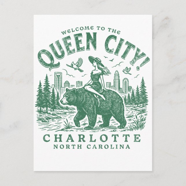 Charlotte City North Carolina Welcome to the Queen Postcard (Front)