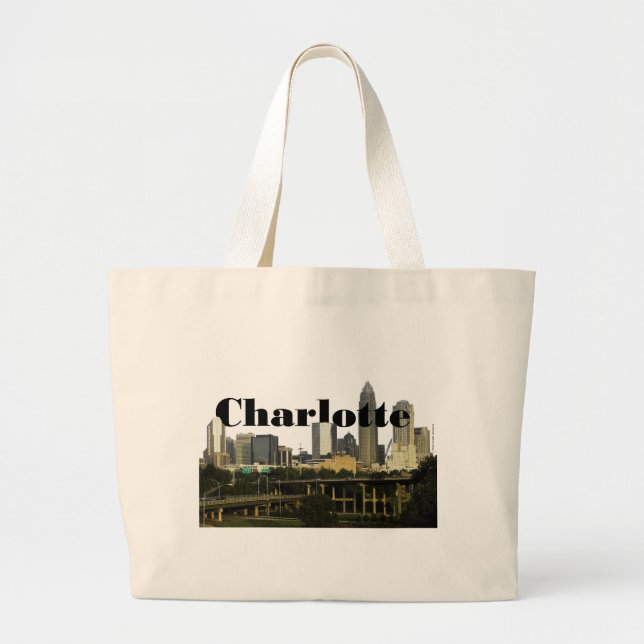 Charlotte NC Skyline with Charlotte in the Sky Large Tote Bag (Front)