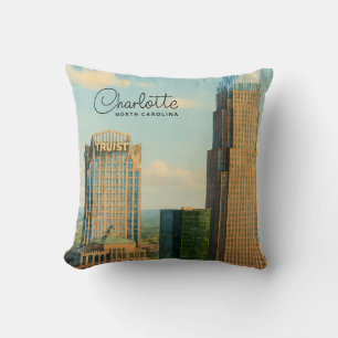 Charlotte NC Watercolor Skyline Travel  Throw Pillow