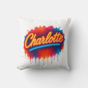 Charlotte Neon Script – Street Art Splash Design Throw Pillow