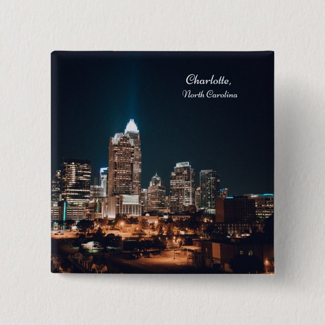 Charlotte North Carolina City Skyline Night 2 Inch Square Button (Front)