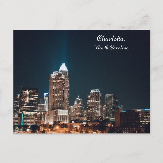 Charlotte North Carolina City Skyline Night Postcard (Front)