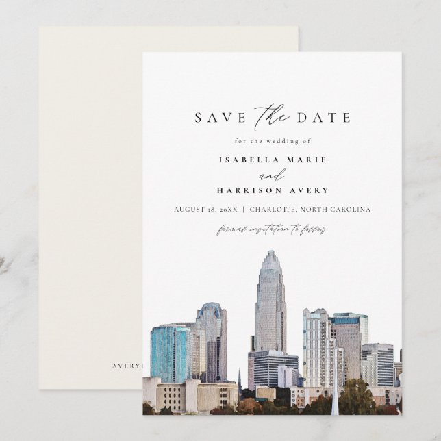 CHARLOTTE NORTH CAROLINA Skyline Save the Date Invitation (Front/Back)