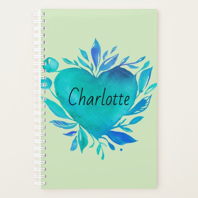 Charlotte Personalized Blue Watercolor Heart Planner (Front)