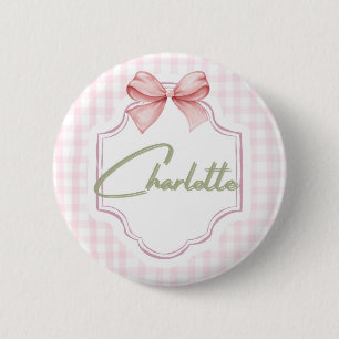 Charlotte Personalized Pink Bow & Gingham Print 2 Inch Round Button
