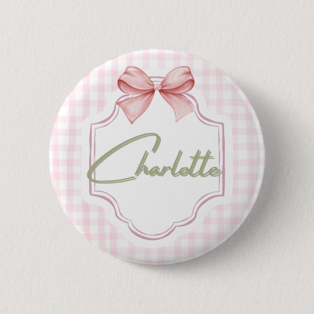 Charlotte Personalized Pink Bow & Gingham Print  2 Inch Round Button (Front)
