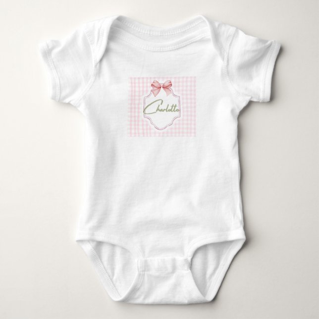 Charlotte Personalized Pink Bow & Gingham Print  Baby Bodysuit (Front)