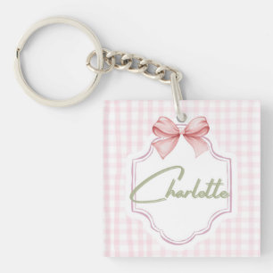 Charlotte Personalized Pink Bow & Gingham Print Keychain