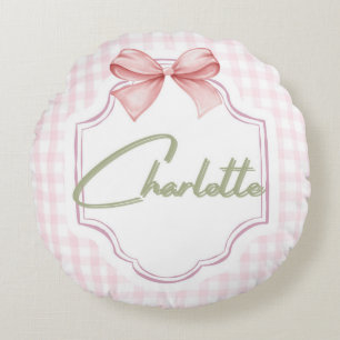Charlotte Personalized Pink Bow & Gingham Print Round Pillow