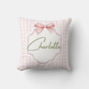 Charlotte Personalized Pink Bow & Gingham Print Throw Pillow