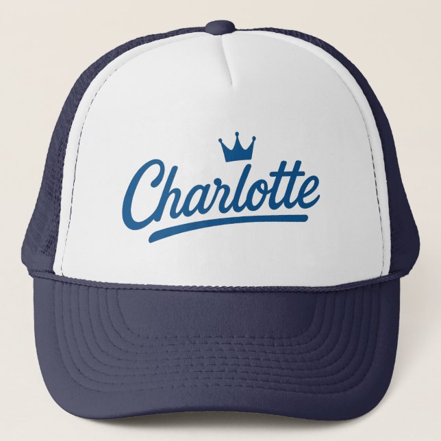Charlotte Queen City Crown Script Design – Royal Trucker Hat (Front)