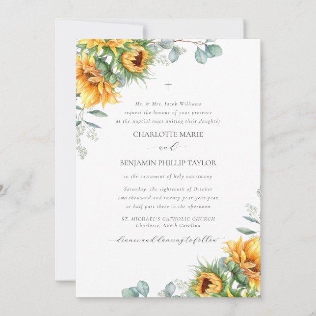 Charlotte Rustic Sunflowers Catholic Wedding Invitation (Front)