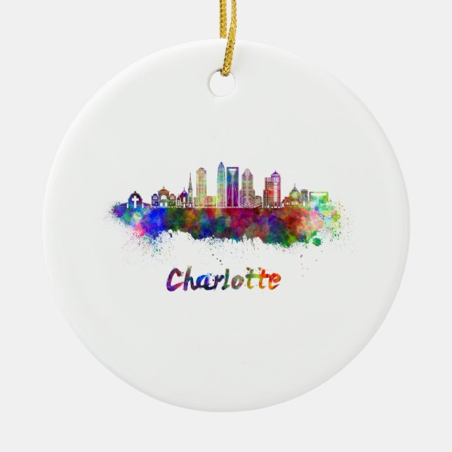 Charlotte V2 skyline in watercolor Ceramic Ornament (Front)
