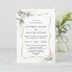 Charm Airy Greenery Pink Flowers Gold Wedding Invitation