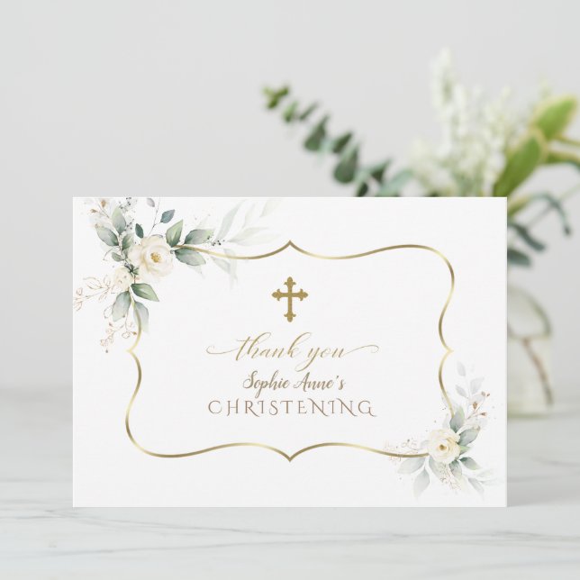 Charm Airy Greenery White Flowers Girl Christening Thank You Card (Standing Front)