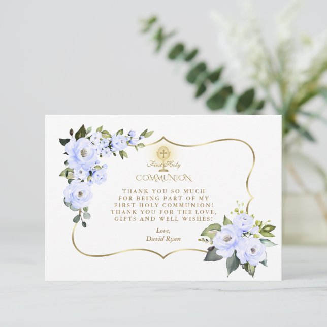 Charm Blue Floral Gold Cross Boy Holy Communion  Thank You Card (Standing Front)